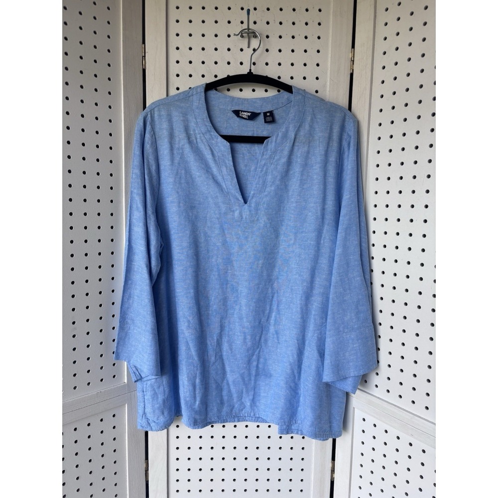 Lands End Women's M V Neck 3/4 SLV Blue Linen Blend Popover Blouse Shirt